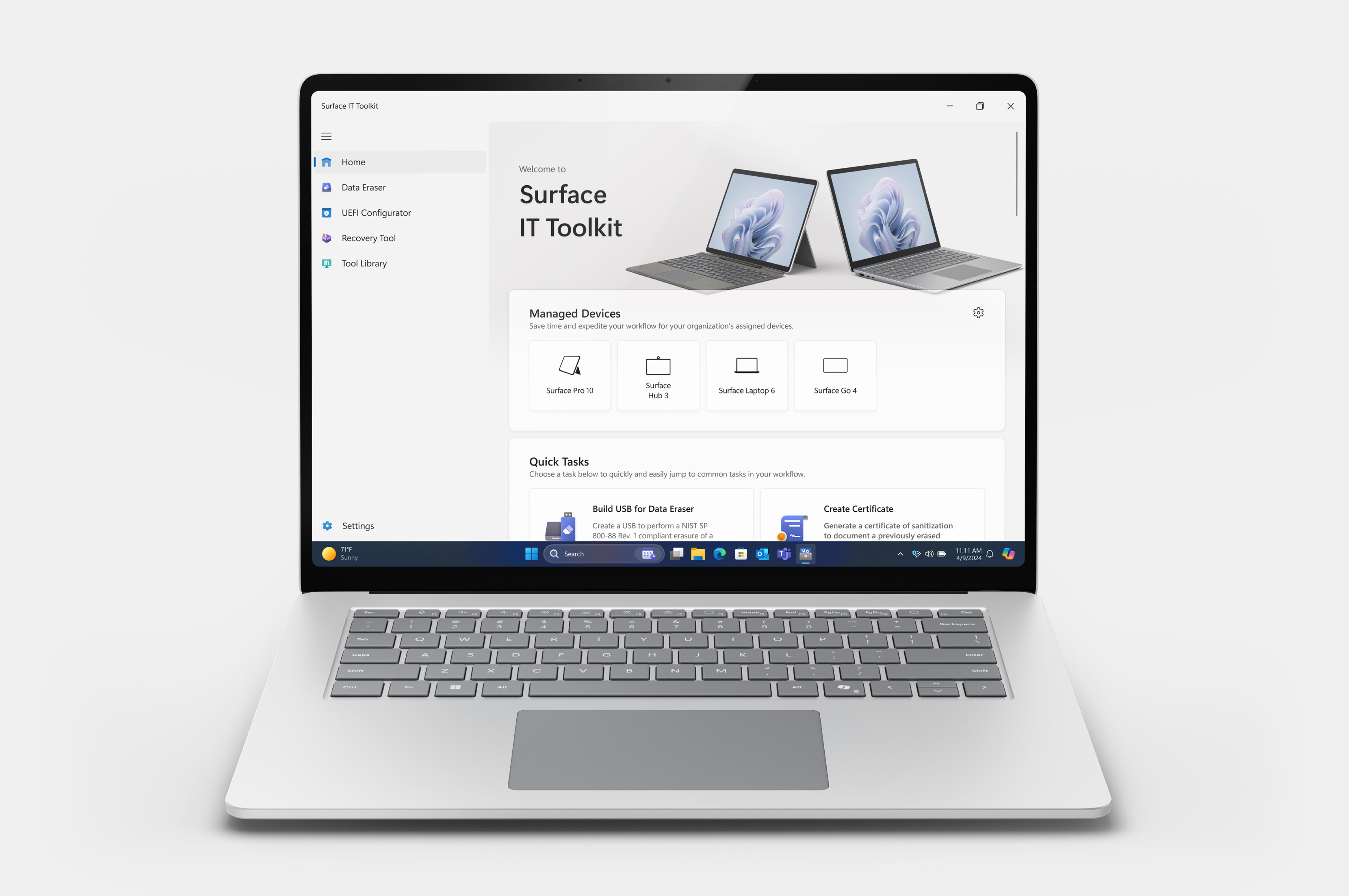 A Surface Pro 10 is observed. The screen shows the IT Toolkit.