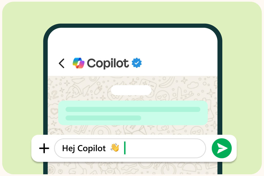 Copilot på WhatsApp på en mobiltelefon med ett förstorat Copilot-sökfält som överlappar bilden mot en ljusgrön bakgrund