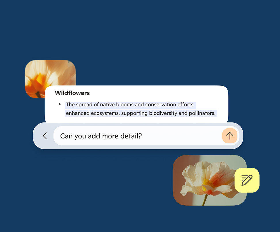 Two small AI generated images of wildflowers with the Copilot pages, Copilot search bar, and text bubble about Wildflowers overlapping on a dark blue background