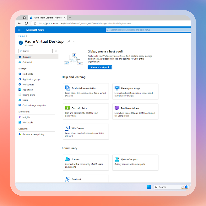 A screenshot of Azure Virtual Desktop