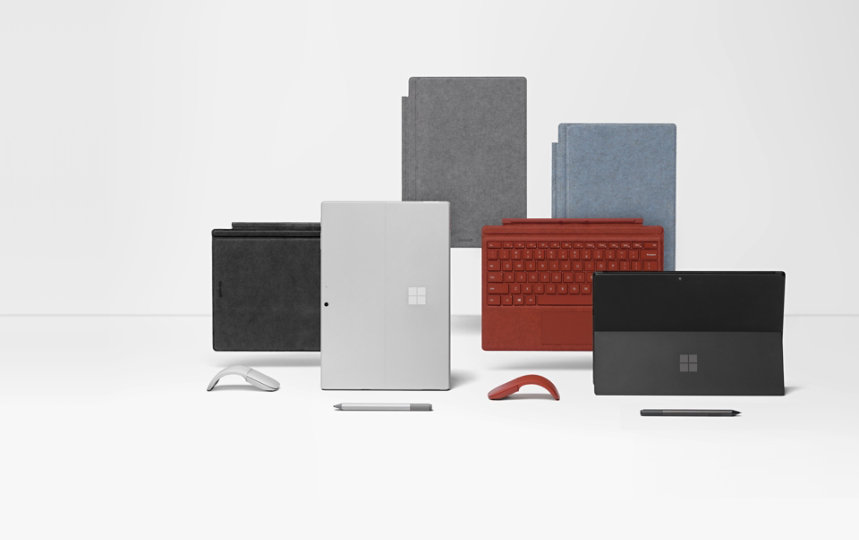 Surface Pro 7  in Matt Schwarz und Platin Grau mit verschiedenfarbigen Type Covern und Zubehör