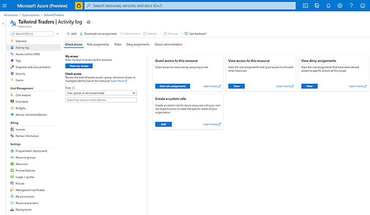 A user checking access in an activity log for a subscription in Azure.