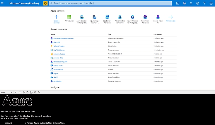 Services and recent resources for a user in Azure.