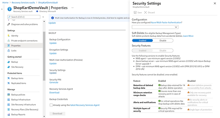 Properties and security settings in Azure Backup