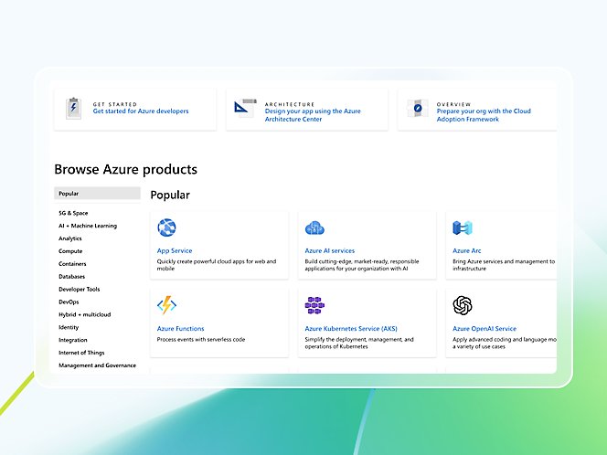 A window showing various azure products