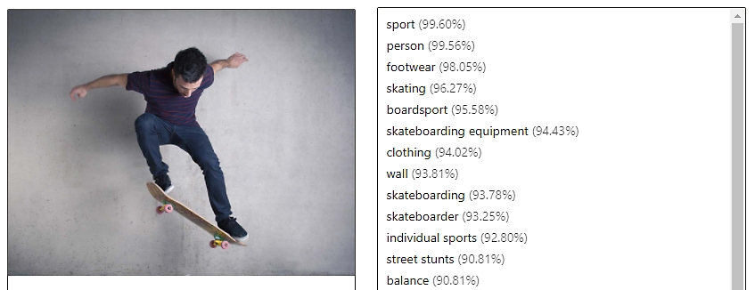An image of a person skateboarding and a list of related tags for the image 