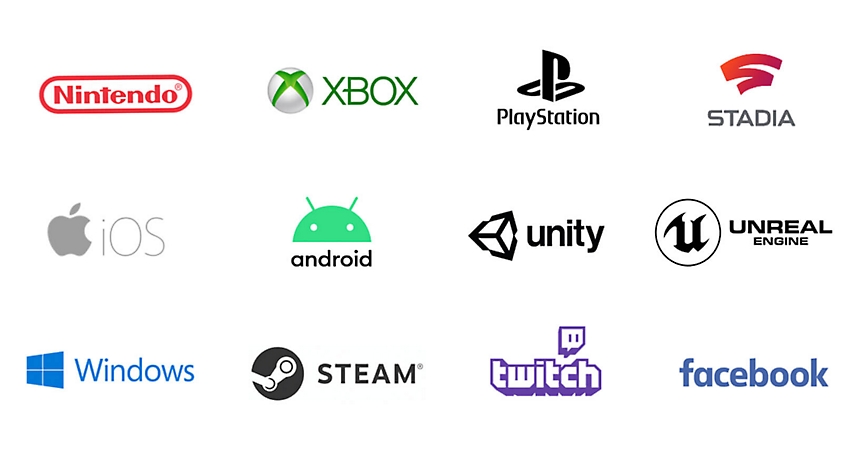 A wall of logos for Nintendo, XBOX, PlayStation, Stadia, iOS, Android, unity, Unreal Engine, Windows, Steam, Twitch and Facebook 
