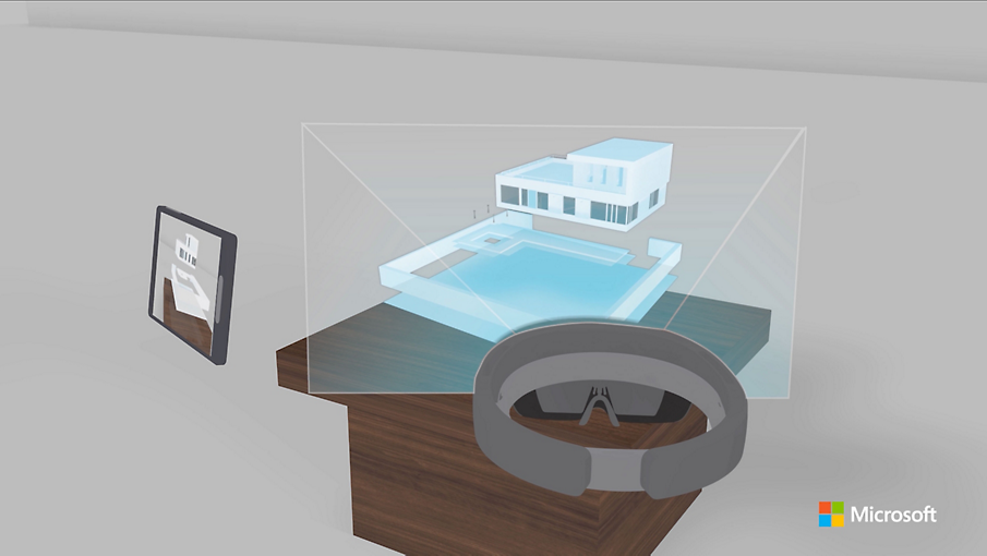 An illustration of a HoloLens and tablet viewing an AR rendering of a home