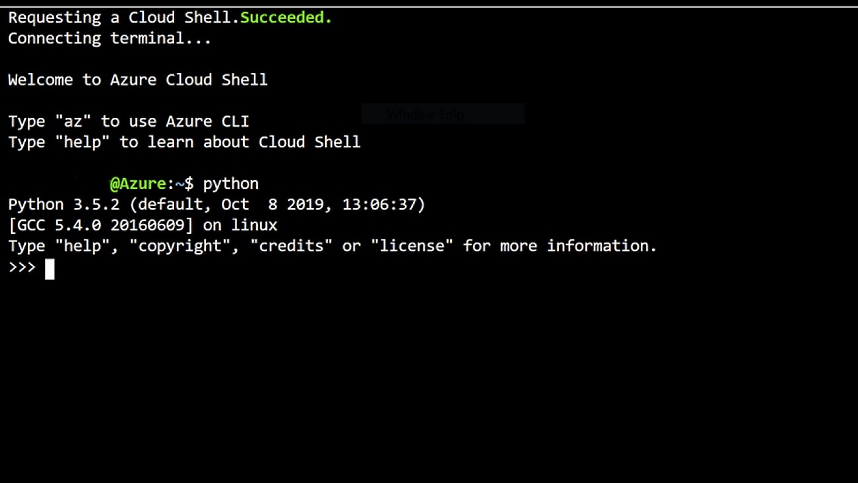 Connecting to the Azure Cloud Shell terminal and the accompanying welcome message.