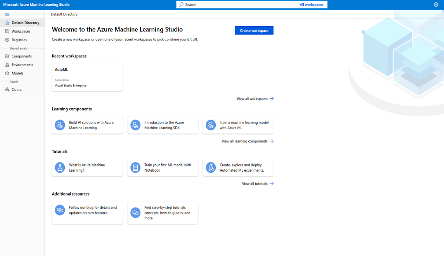 A screen shot of welcome to the Azure machine learning studio